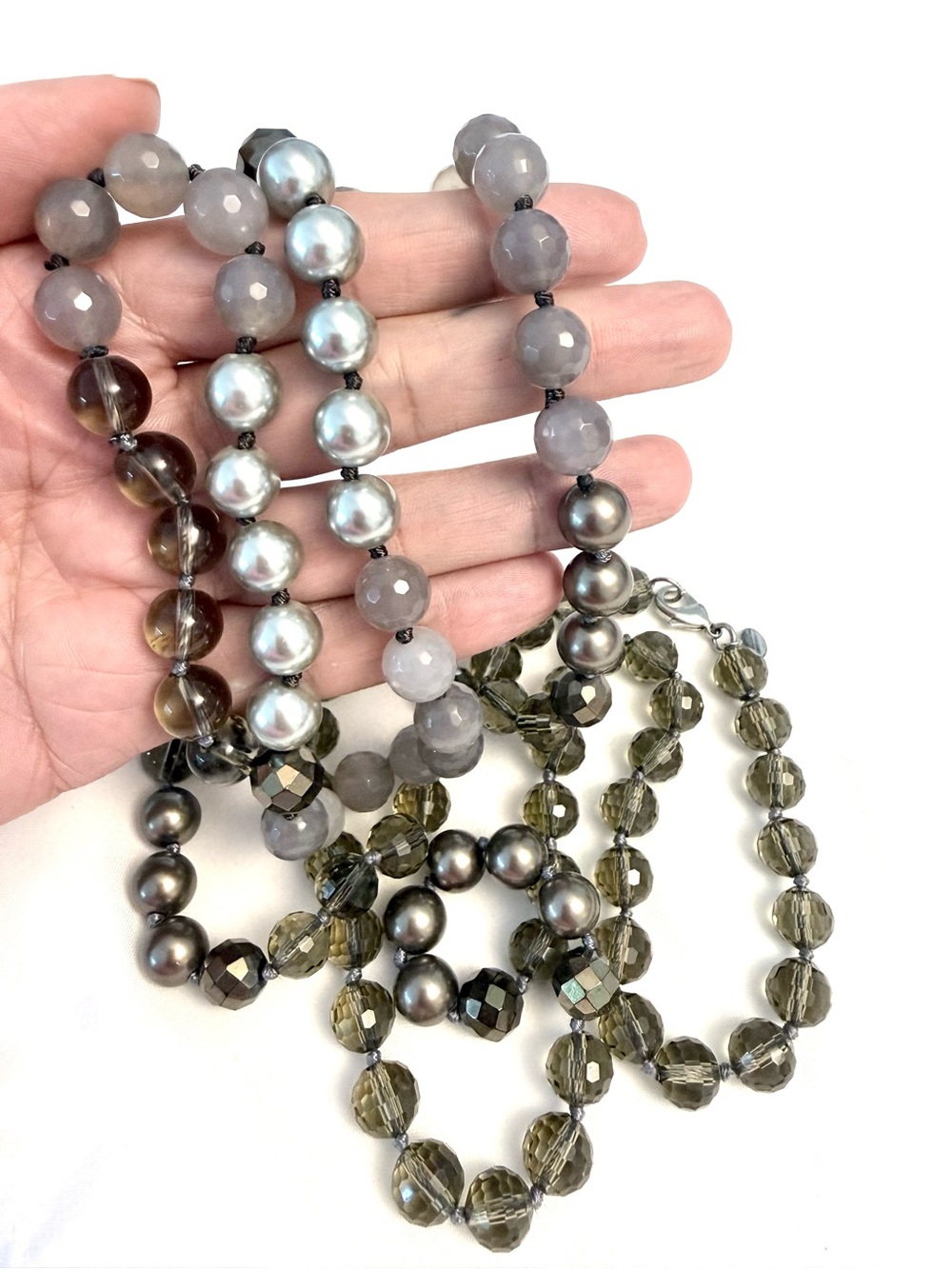 Stella & Dot Gloria Faceted Glass, Smokey Quartz, and Faux Pearl Beads Necklace